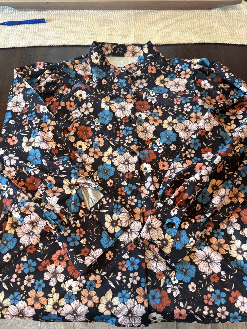 Men's Floral Button-Up Shirt in Black with Blue & Tan Flowers